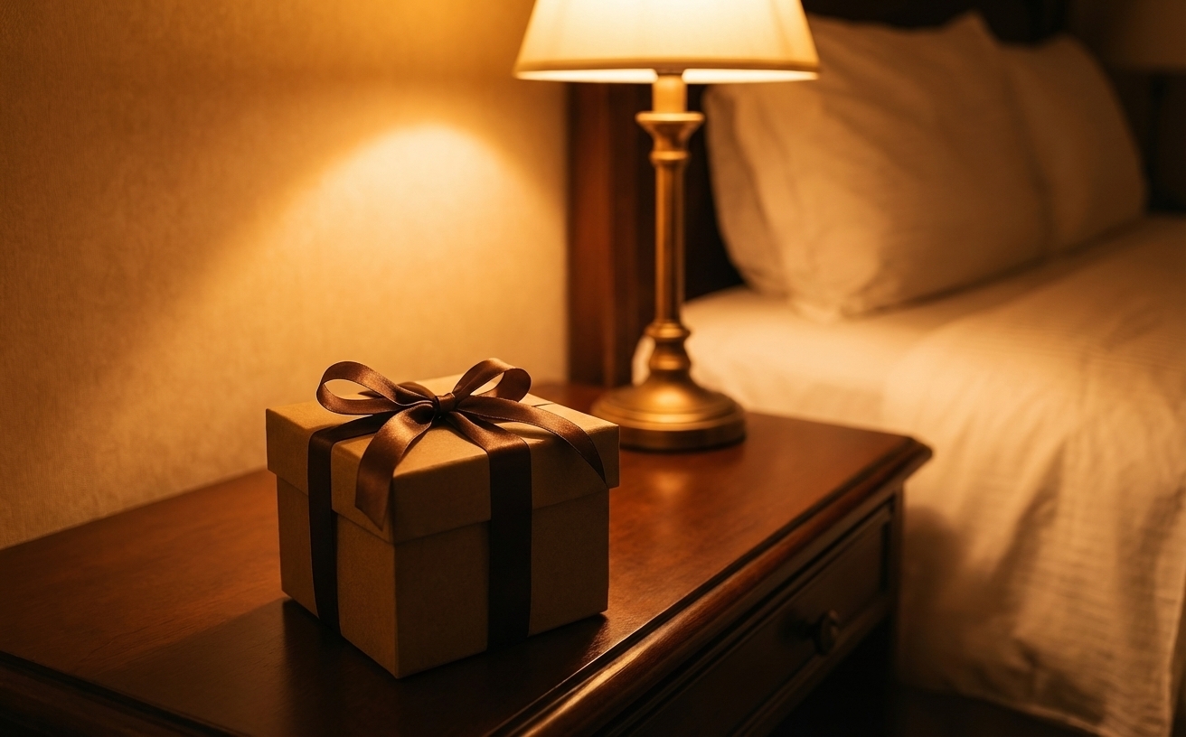 Gift box on a hotel nightstand